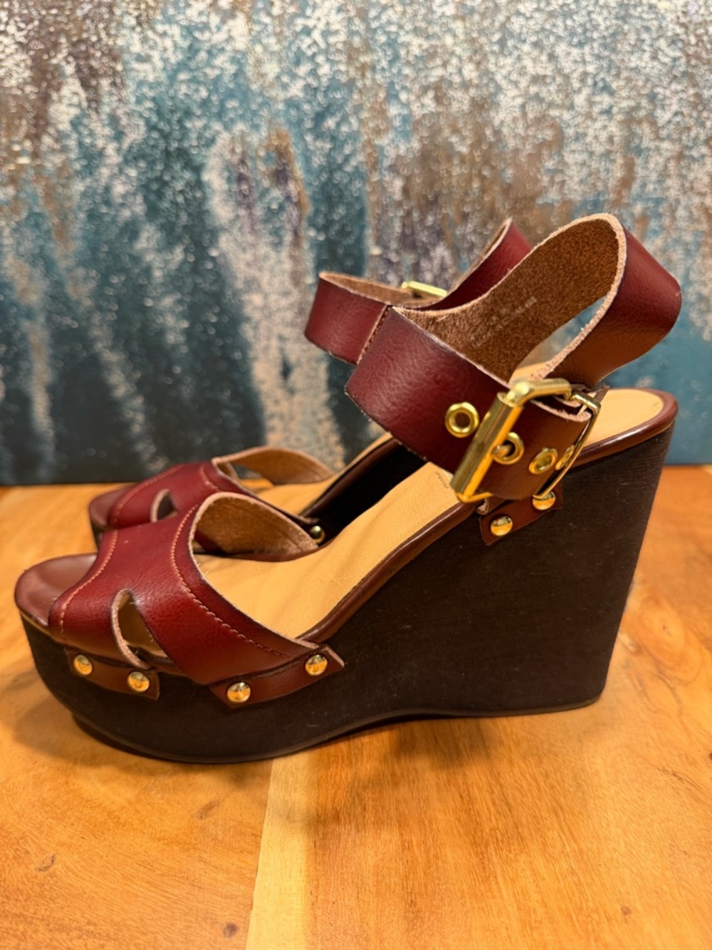 Steve Madden mid 2010s boho leather platform wedge sandals burgundy 9 FAIR - Picture 6 of 16